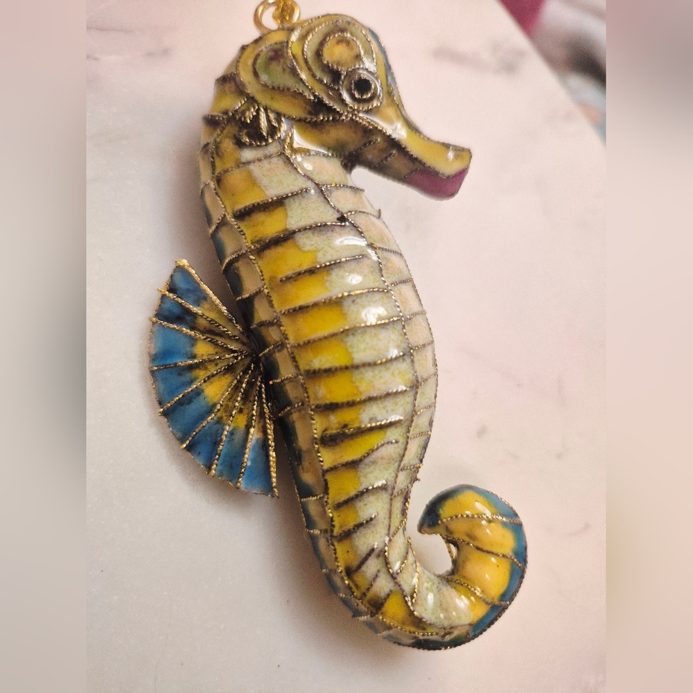 Pottery Barn Colorful Seahorse Christmas  Ornament Yellow Blue Enamel Cloisone